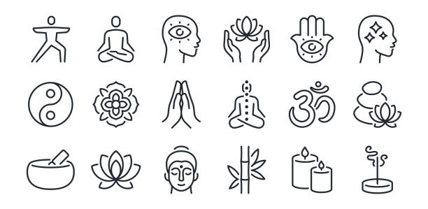 ilustraciones, imágenes clip art, dibujos animados e iconos de stock de yoga, meditación y relajación mental icono de contorno de trazo editable aislado sobre fondo blanco ilustración vectorial plana. pixel perfecto. 64 x 64. - mantra