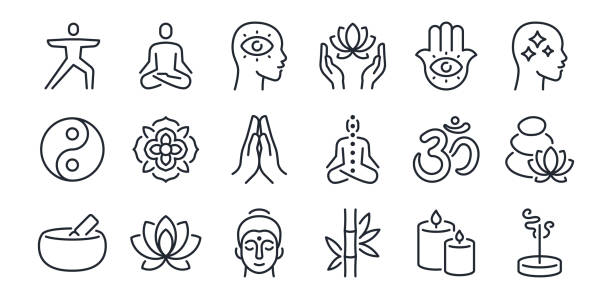 stockillustraties, clipart, cartoons en iconen met yoga, meditation, and mind relax editable stroke outline icon isolated on white background flat vector illustration. pixel perfect. 64 x 64. - opluchting