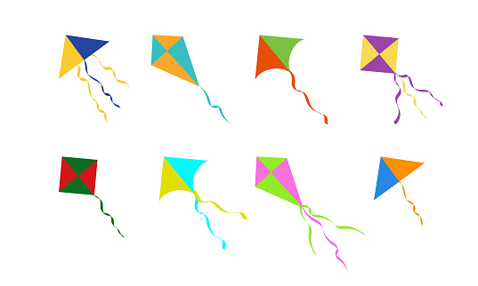 Kites, vector set. Multi-colored flat style kites.