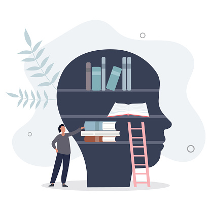 Knowledge or education as intelligence mind experience.Information base as book library in head.flat vector illustration.