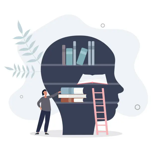 Vector illustration of Knowledge or education as intelligence mind experience.Information base as book library in head.flat vector illustration.