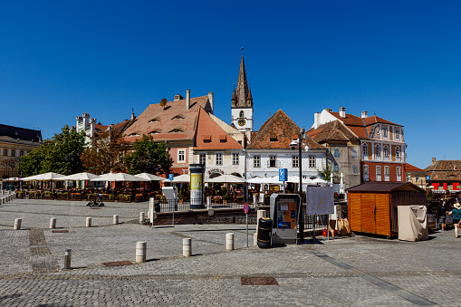 Sibiu, Transylvania, Romania - August 08, 2021: The historic city of Sibiu in Romania