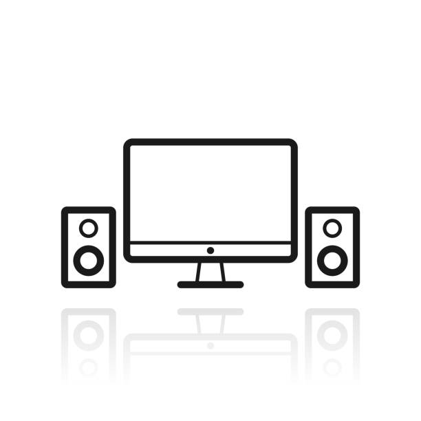 illustrazioni stock, clip art, cartoni animati e icone di tendenza di computer desktop con altoparlanti. icona con riflesso su sfondo bianco - sound computer reflection studio