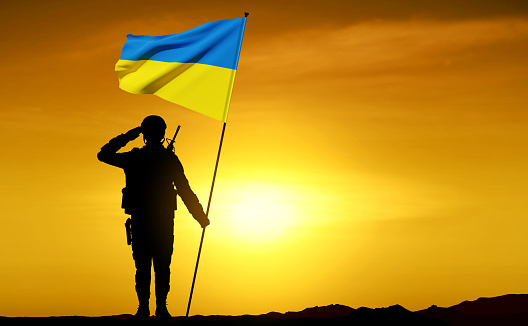 Silhouette of soldier with Ukraine flag against the sunset. Armed forces of Ukraine concept. EPS10 vector