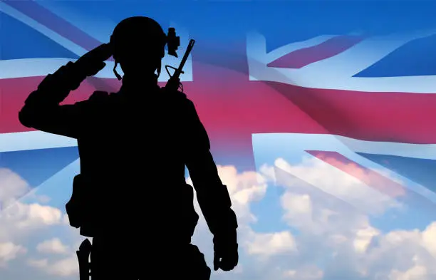 Vector illustration of Silhouette of a saluting soldier on background of sky