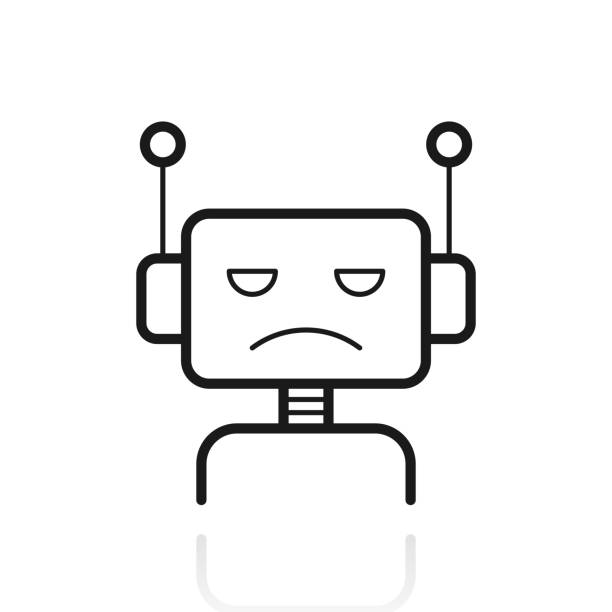 Sad bot - robot head. Icon with reflection on white background Icon of "Sad bot - robot head" with its reflection and isolated on a blank background. Vector Illustration (EPS file, well layered and grouped). Easy to edit, manipulate, resize or colorize. Vector and Jpeg file of different sizes. robot clipart stock illustrations