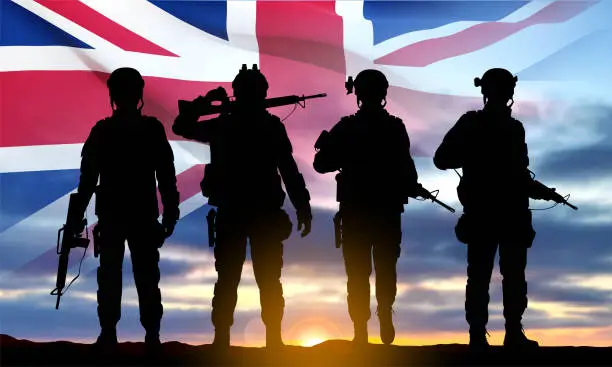 Vector illustration of Silhouettes of a soldiers with United Kingdom flag