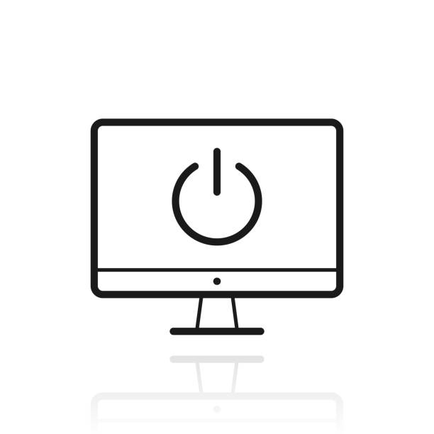 ilustraciones, imágenes clip art, dibujos animados e iconos de stock de computadora de escritorio con botón de encendido. icono con reflejo sobre fondo blanco - end of round
