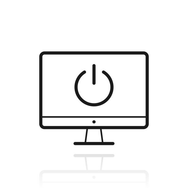 ilustrações de stock, clip art, desenhos animados e ícones de desktop computer with power button. icon with reflection on white background - end of round