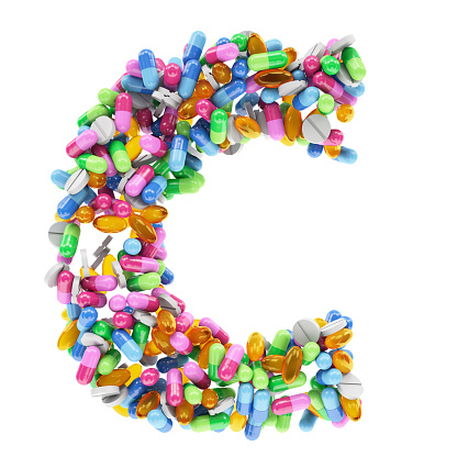 C Letter Made of Colorful Pills and Drugs. 3D Render