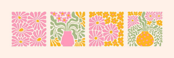Groovy abstract flower art set. Organic doodle shapes in trendy naive retro hippie 60s 70s style. Groovy abstract flower art set. Organic doodle shapes in trendy naive retro hippie 60s 70s style. Contemporary poster and background. Floral botanic vector illustration in pink, yellow, orange colors. youth culture stock illustrations