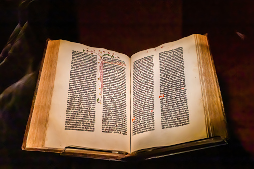 Copenhagen, Denmark Jan 17, 2023 The original Gutenberg Bible on display in the Danish Royal Library, or Black Diamond Library.