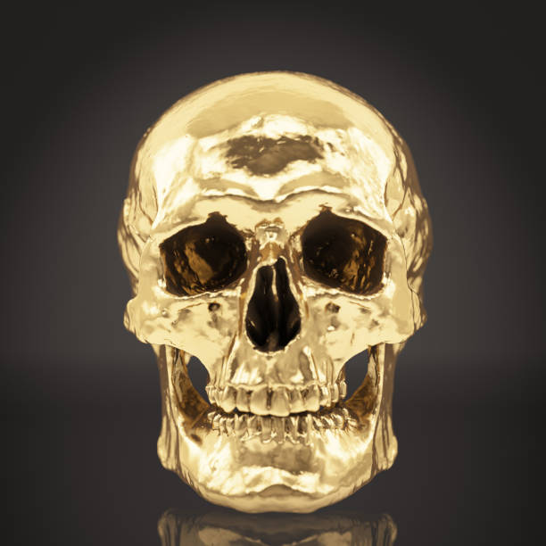 Golden Low-Poly Human Skull on Black. 3D Render