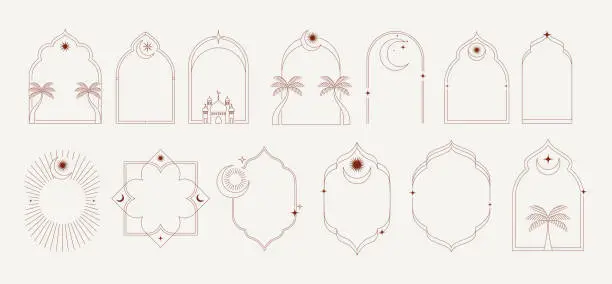 Vector illustration of Collection of minimal linear style Islamic windows and arches with modern boho design, moon, mosque dome and lanterns. Minimalistic illustrations