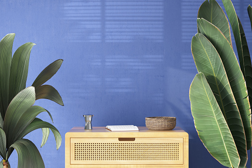 Empty Blue Wall with a Wooden Drawer and Green Plants. 3D Render