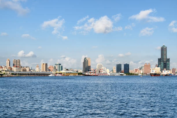 Awesome Kaohsiung skyline, Taiwan. Amazing view of Kaohsiung Harbor, 85 Sky Tower (Tuntex Sky Tower) and other modern buildings of downtown. The skyscraper is a landmark of Taiwan. Scenic cityscape.