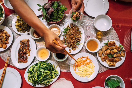 Top view of different dishes in vietnamese restaurant
