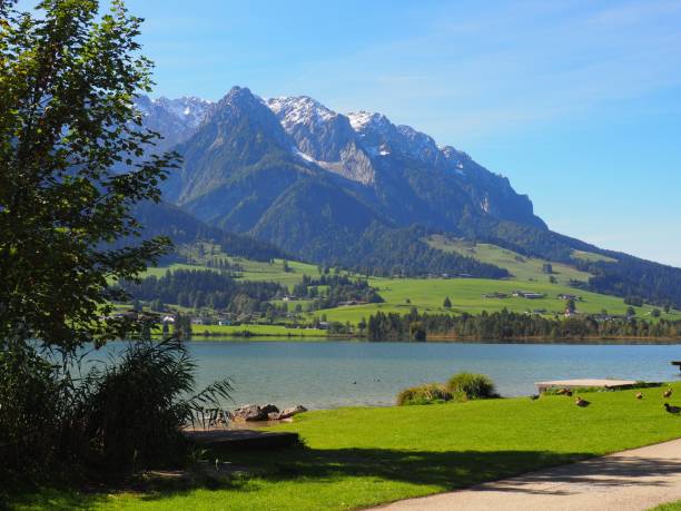 A river with rocky mountains in the background, Walchsee, Austria
