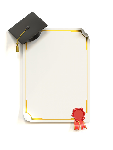 A red ribbon wrapped around a rolled up diploma sits on top of a another college diploma.  A gold tassel from a graduation cap is also draped across the diploma.