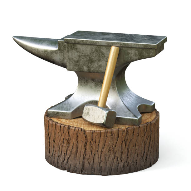 Anvil and hammer, blacksmith tools in the forge