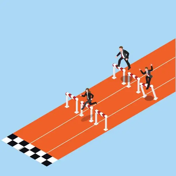 Vector illustration of Business people racing jumping over obstacle 3d isometric