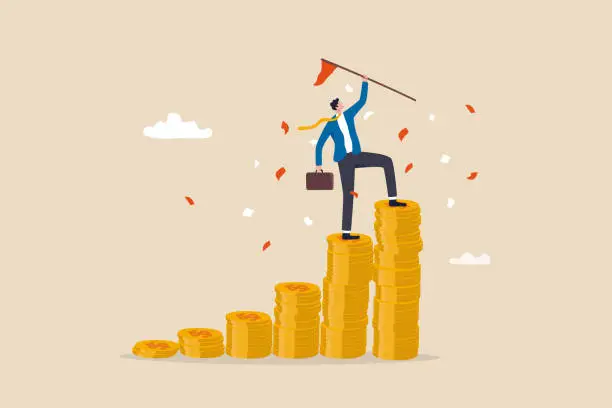 Vector illustration of Financial success, reaching financial freedom, money achievement or earning profit or savings or investment goal concept, success businessman holding winning flag on top of money coins stack.