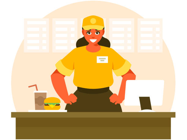 Fast food female worker Fast food female worker in work clothes. Vector rgaphics cash register coffee shop restaurant table stock illustrations