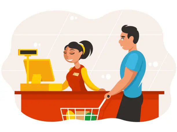 Vector illustration of Cashier punches goods at checkout