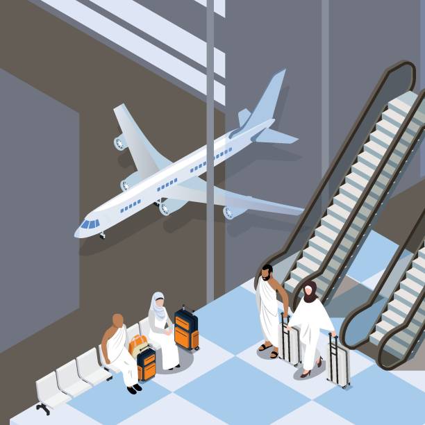 Islamic pilgrims at airport Islamic pilgrims at airport waiting for pilgimage trip to Mecca isometric 3d vector illustration concept for banner, website, illustration, landing page, flyer, etc. hajj stock illustrations