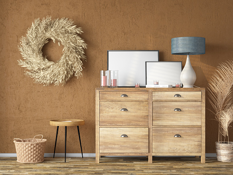 Empty Beige Wall with a Wooden Drawer and Accessories. 3D Render