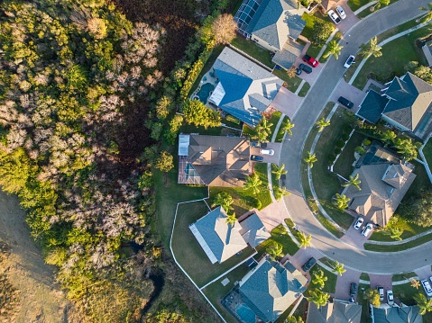 A drone shot of houses at a neighborhood with palm trees near Tampa, Florida, USA