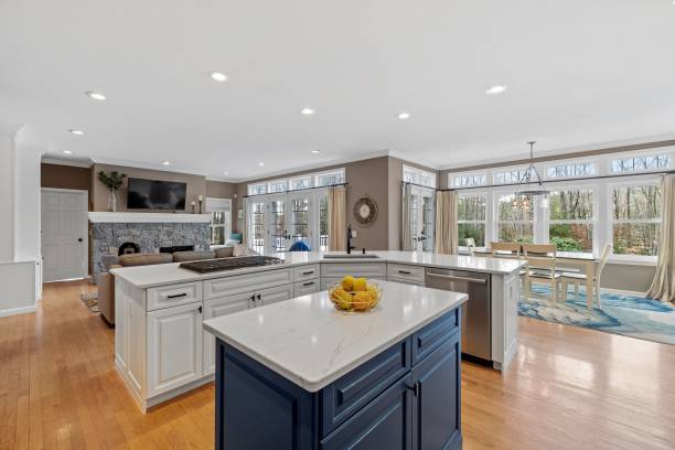 istock Closeup shot of a modern kitchen with white and dark blue interior design 1461286242