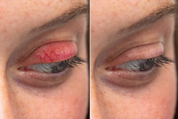 human eye upper eyelid chalazion before and after side by side blepharitis comparison - lubrication infection imagens e fotografias de stock