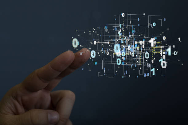 istock Closeup of the hand touching the virtual model of the web with binary numbers. Data concept. 1461288403