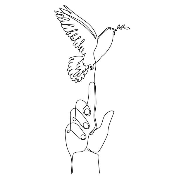 ręka z gołębiem pokoju i gałązką oliwną, jednoliniowy kontur ciągły. ręcznie rysowana palma z gołębiem, doodle nadzieja ptak znak wolności i niezależności. edytowalny obrys. - hand sign peace sign palm human hand stock illustrations