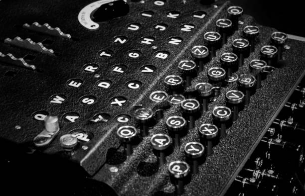 Closeup of black vintage Enigma machine used for encrypting and decrypting messages
