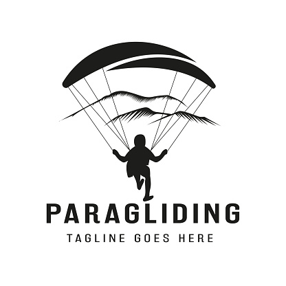 High Adventure Vintage logo design inspiration silhouette Paragliding landing. Paragliding logo design