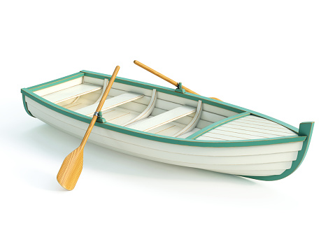 Wooden row boat painted in white and green isolated on white background 3d rendering