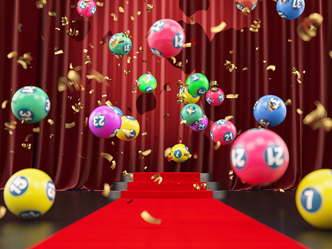 Lottery Balls and Confetti with Red Carpet as a Background. 3D Render