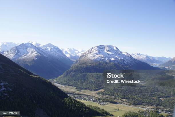 Scenic View Of The Mountains And The Valley In Muottas Muragl Samedan Switzerland Stock Photo - Download Image Now