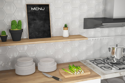 Modern Kitchen Counter with an Empty Menu Board and Kitchenware. 3D Render