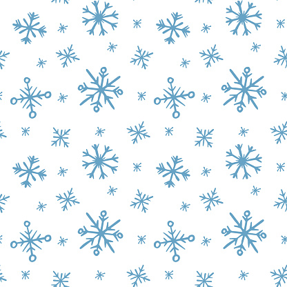 Doodle winter seamless pattern blue snowflakes on white background for gift wrapping, textile and fabric design.