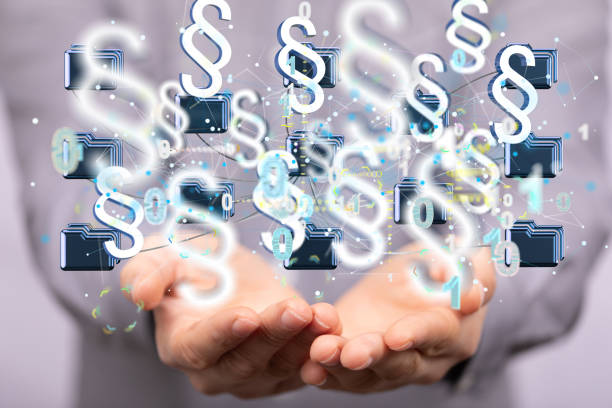 istock Digital 3d rendered floating section signs on a man's hand 1461298726
