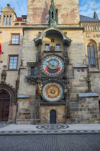 A vertical front view of the Prague Astronomical Clock, Czech Republic