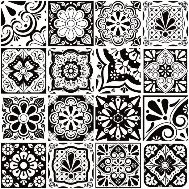 Vector illustration of Mexican talavera tiles big collection, decorative seamless vector pattern set with flowers, leaves ans swirls in black and white