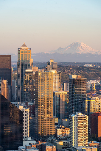 A vertical view of the cityscape of Seattle in the USA