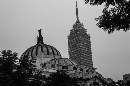 ciudad de mexico, Mexico – January 02, 2023: A grayscale shot of the Torre Latinoamericana against the background of the sky. Cuauhtemoc, Mexico.