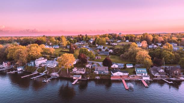 Aerial view of Sodus Point located in New York seen during a beautiful sunseta An aerial view of Sodus Point located in New York seen during a beautiful sunseta rochester new york state stock pictures, royalty-free photos & images
