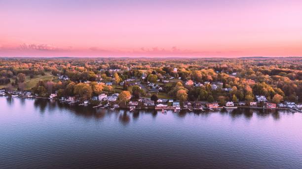 Aerial view of Sodus Point located in New York seen during a beautiful sunset An aerial view of Sodus Point located in New York seen during a beautiful sunset rochester new york state stock pictures, royalty-free photos & images