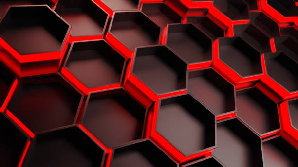 istock Dark hexagons with red light futuristic background, 3d render illustation. 1461304356